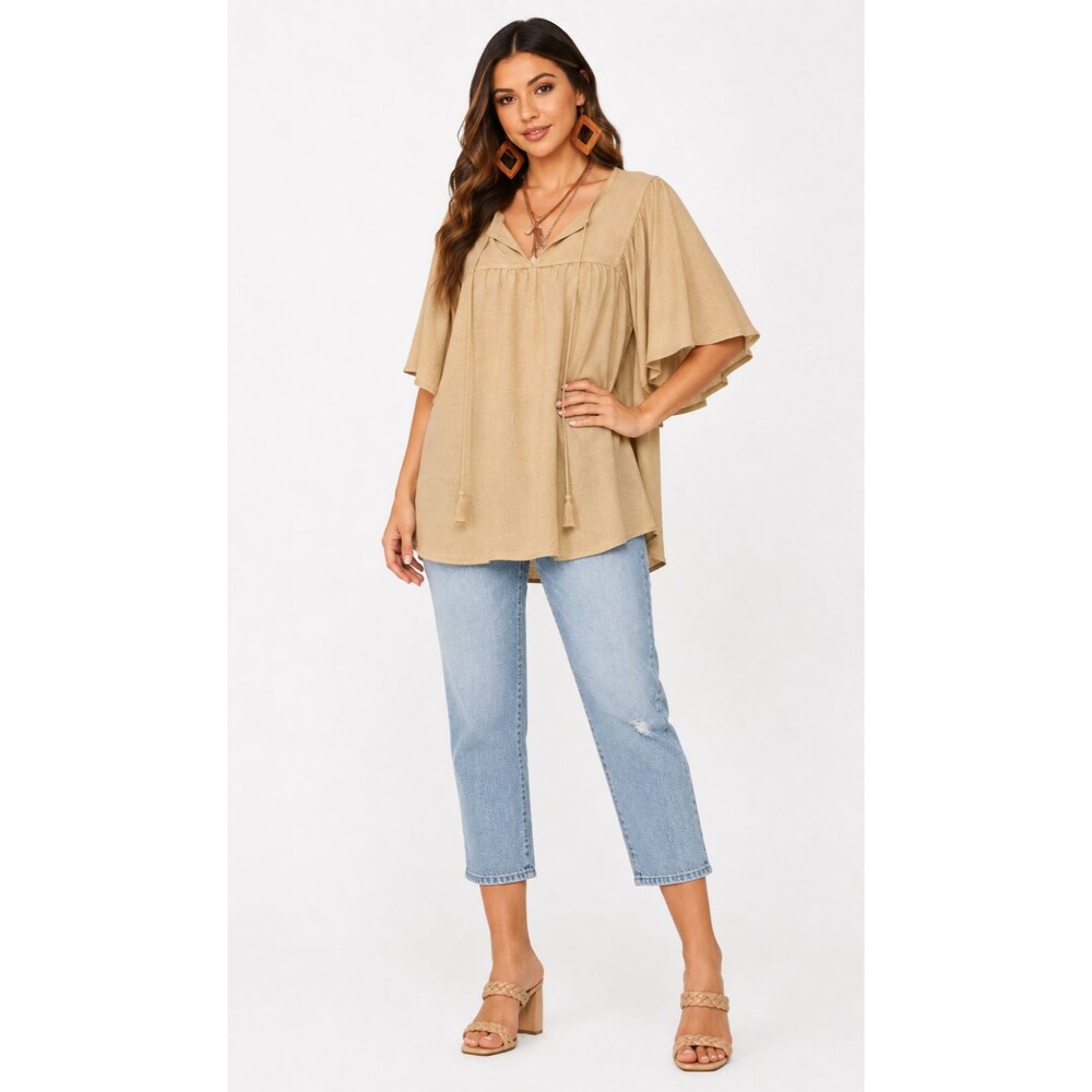 New GIGIO M 810 Beige Frayed Washed Boho Chic Loose Fit Tunic Top Tassel Trim